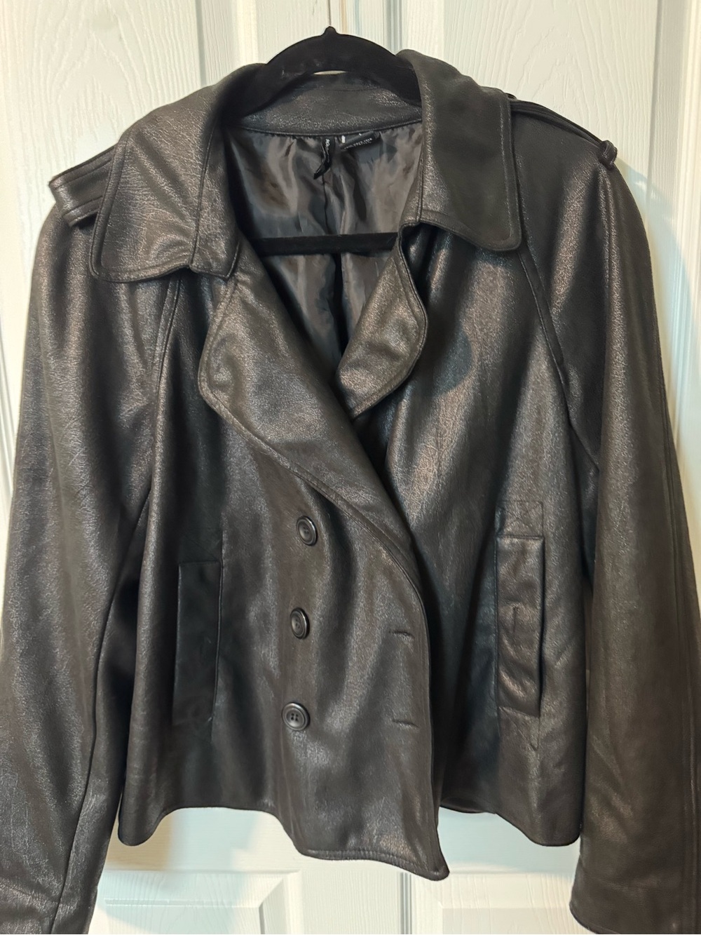 new directions Black Double-Breasted faux Leather Jacket